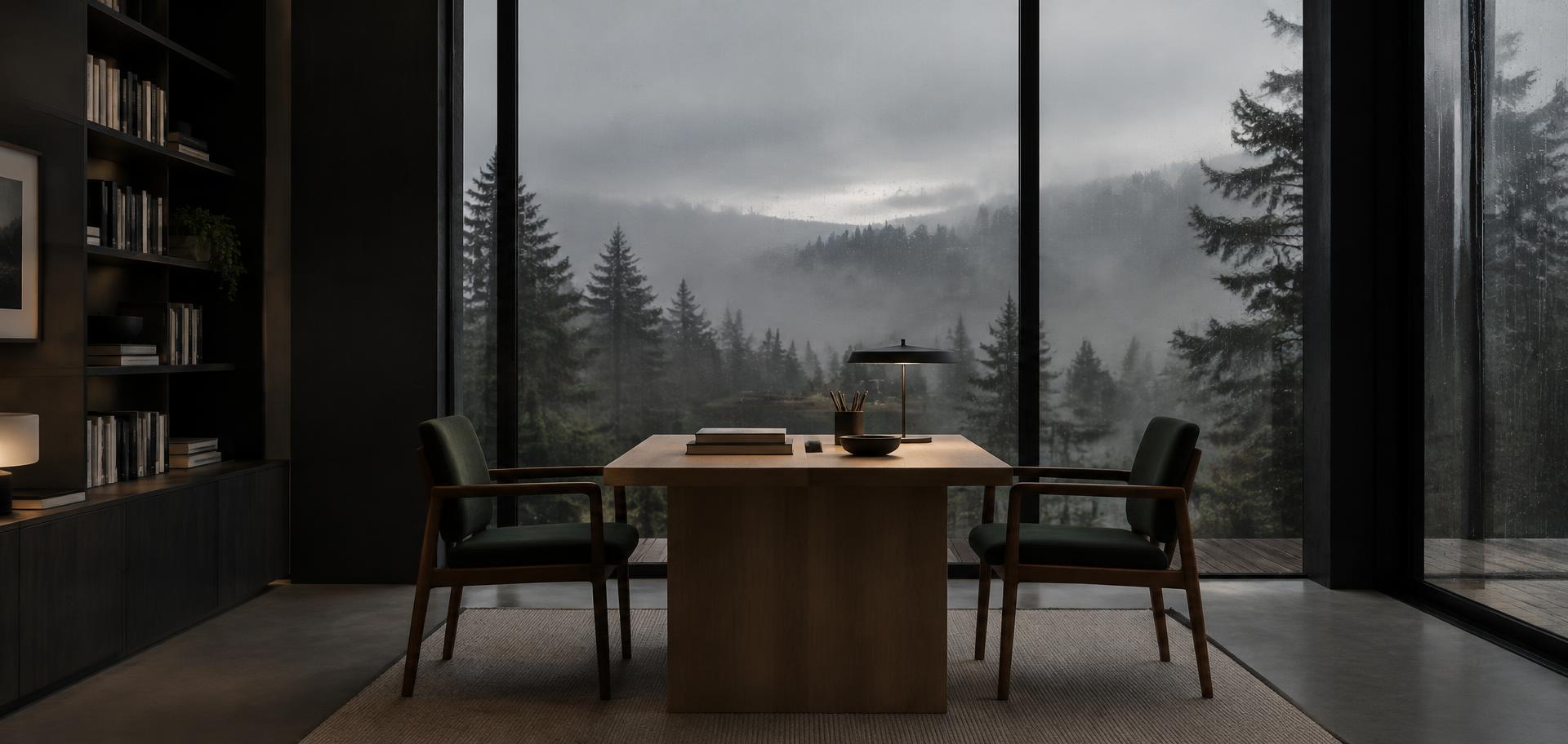 A quiet study with two chairs at a table beside a window onto misty fir forest