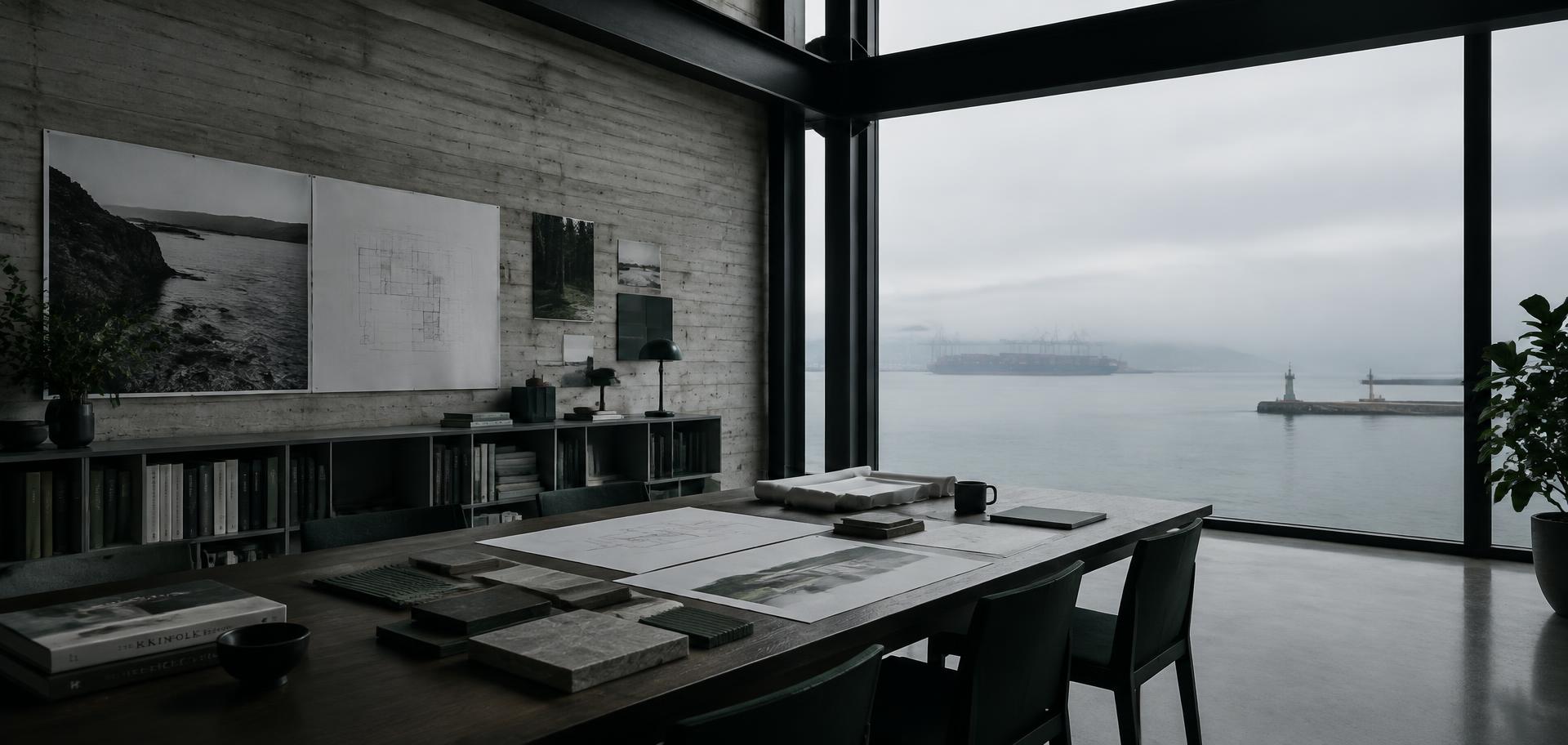 A concrete working room with drawings on a long table overlooking a misty harbour
