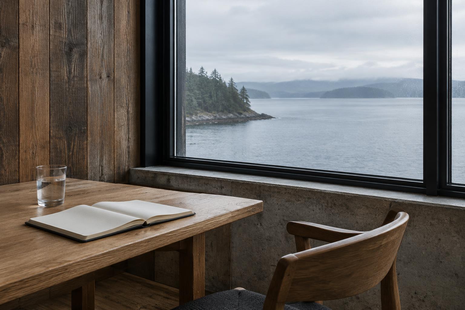 A notebook and chair beside a cedar and steel window framing a muted coastal view